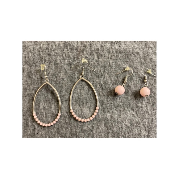 Jewelry - Pink Bead Silver Tone Earring Set Teardrop Hoops and Bead Drops 2 Pairs